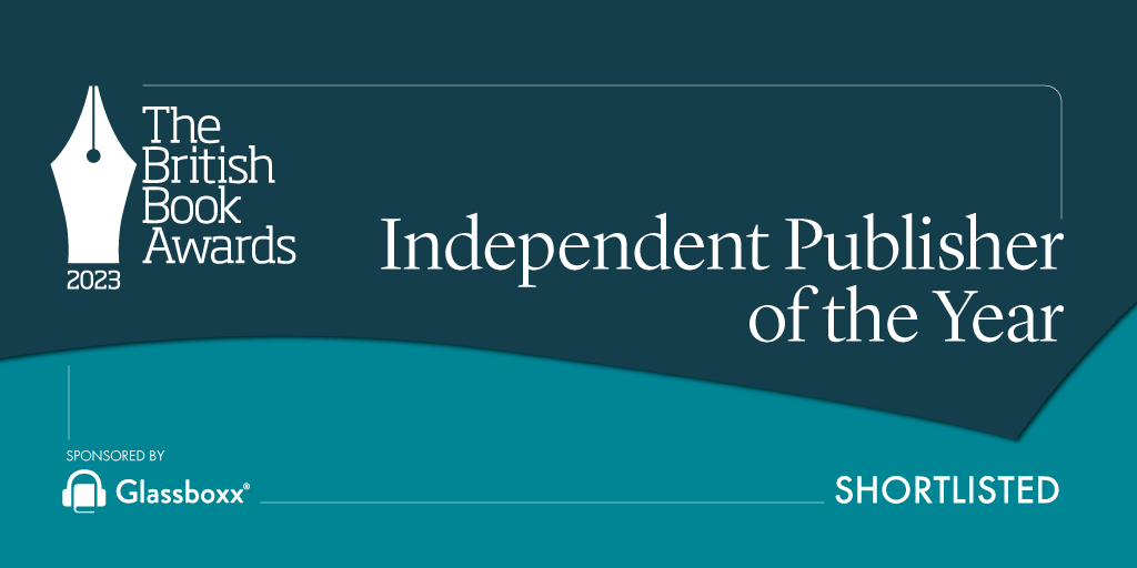 A half dark blue half teal coloured asset with white text reading The British Book Awards 2023 Independent Publisher of the Year Shortlisted