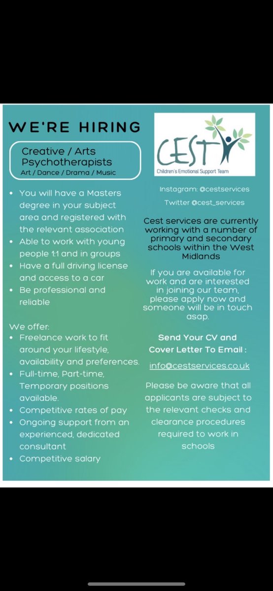 cest_services's tweet photo. 💚We are looking for new psychotherapists to join Cest💚
We are school based therapists specialising with working with children in care.
We have schools across birmingham and solihull that have bought into our therapeutic packages. Please email info@cestservices.co.uk information https://t.co/8uWZZfXKYH