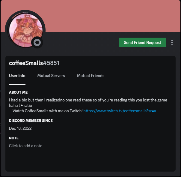 coffeesmalls's tweet image. ⚠️IMPORTANT // PLEASE RT⚠️
There is a user going around scamming people while impersonating me. If a user going by coffeeSmalls#5851 (ID:1054018367742279730) or righteous#6097 (ID:1060262845041877012) ban/report them to the server staff. It is NOT me.