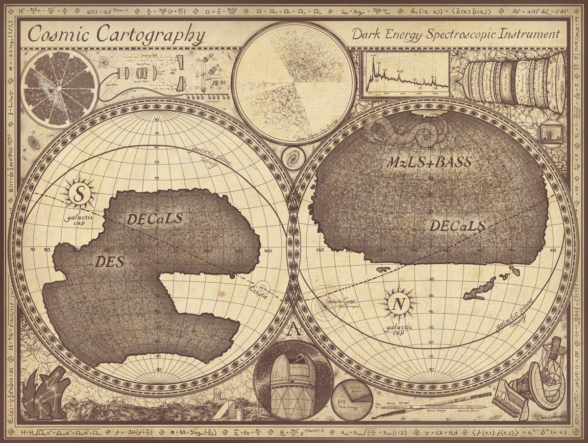 Ok so, I have artistic skills but this? This is ANOTHER LEVEL. My colleague <a href="/ClaireLamman/">Claire Lamman</a> made this <a href="/desisurvey/">DESI Survey</a> sky coverage map in old map style. 

This is literally one of the coolest things ever . I am in literal awe