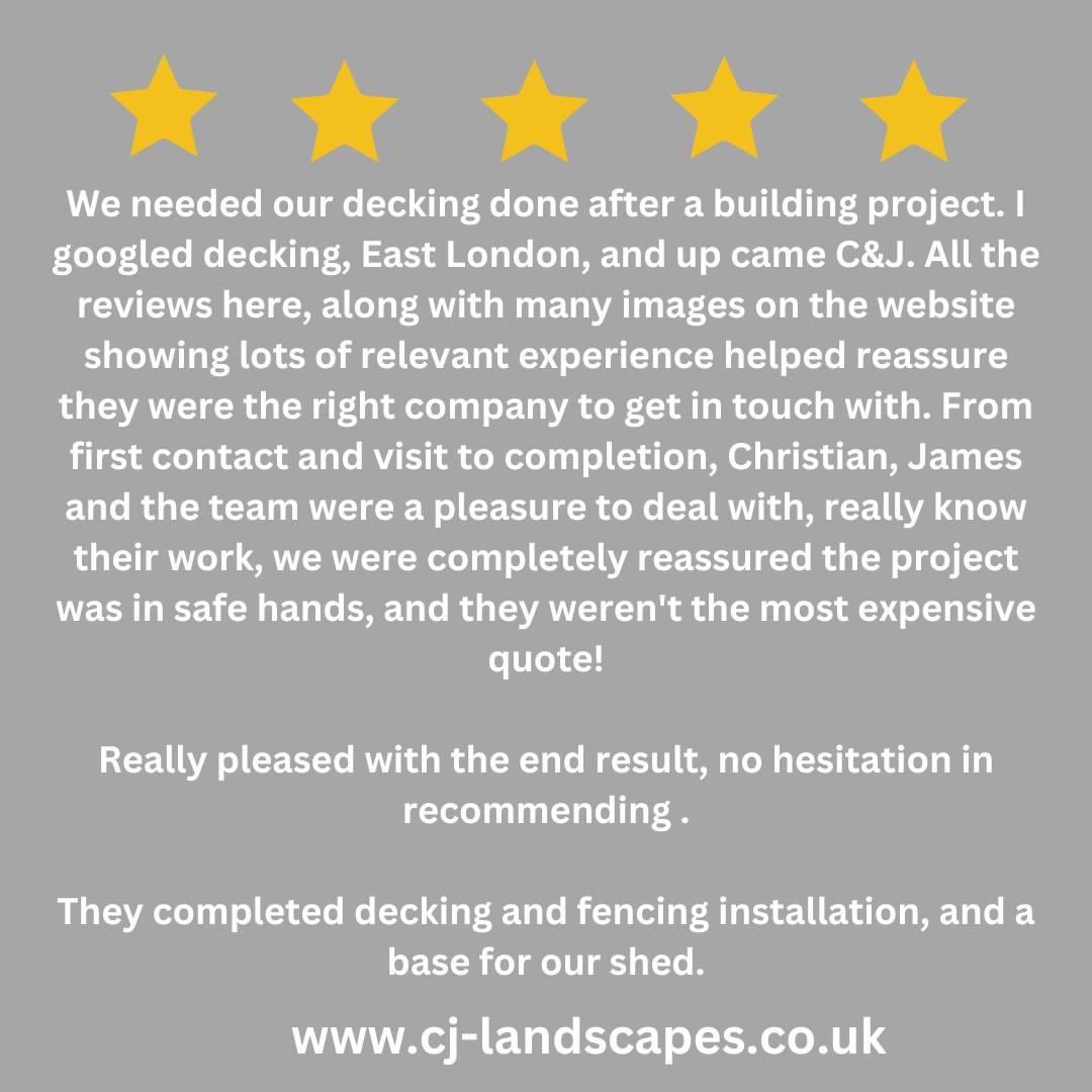 CJLandscapes's tweet image. Just received this lovely review on Google from our recent decking project.
#decking #deckingproject #clientreview #eastlondon #walthamforest #hackney #towerhamlets #newham #redbridge #gardendecking #deckingcompany #landscaper #landscapingcompany #deckinginstallation