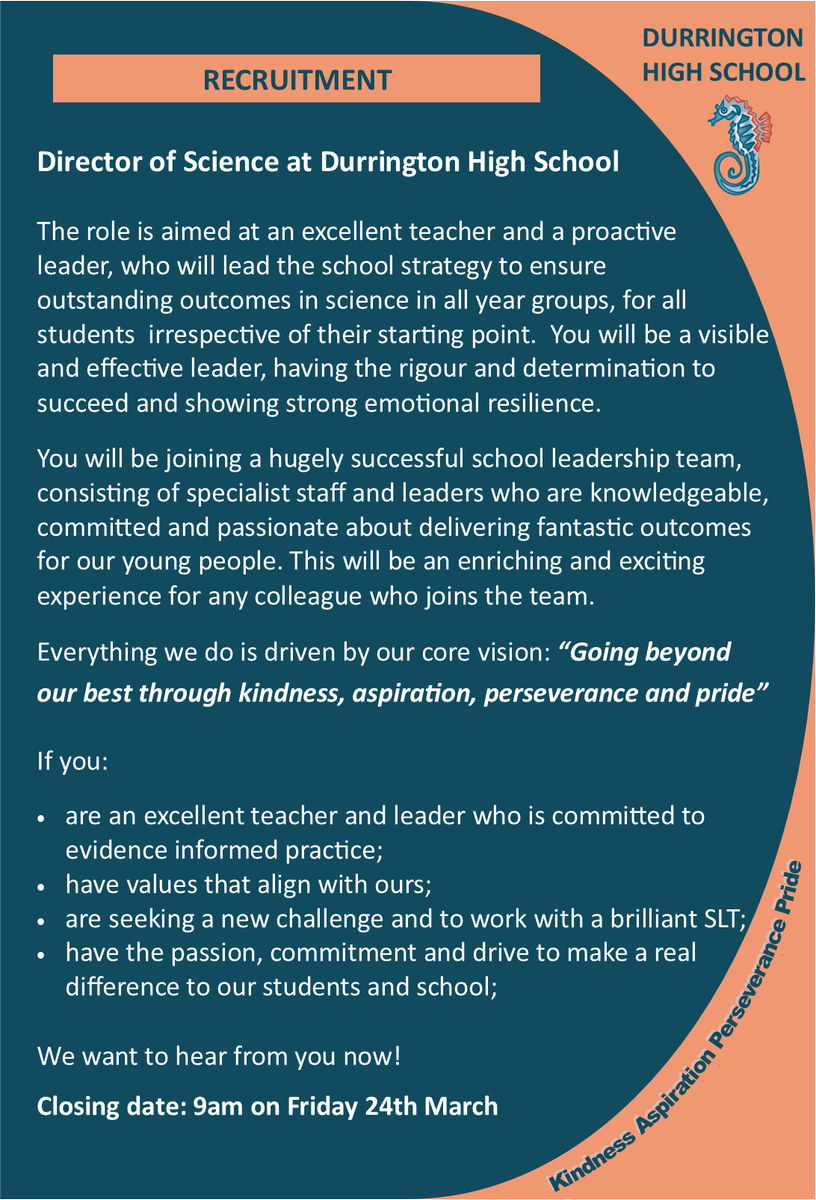 DHS are recruiting - Director of Science

If you are an excellent teacher &amp; leader who is committed to evidence informed practice, have the passion &amp; commitment to make a real difference to our students we want to hear from you.
dmat.education/vacancy/direct…

Closing date: 9am 24 March
