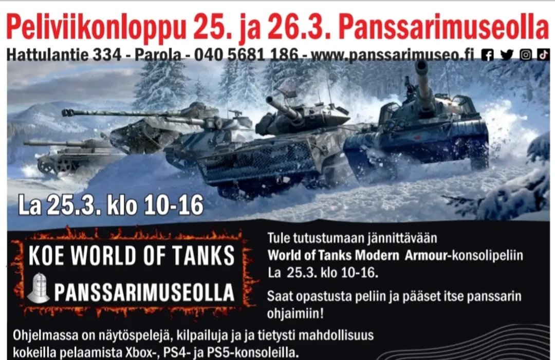 jollikai's tweet photo. Worl of Tanks Modern Armour -pelitapahtuma Panssarimuseolla la 25.3. klo 10-16. Ohjelmassa näytöspelejä, mahdollisuus kokeilla pelaamista opastetusti ja kilpailuja. Nähdään museolla! Lisätietoja: https://t.co/q4eSqolap4
#WoTC #WorldOfTanks #gaming #panssarimuseo #VisitHattula https://t.co/VfrjpXZUAj