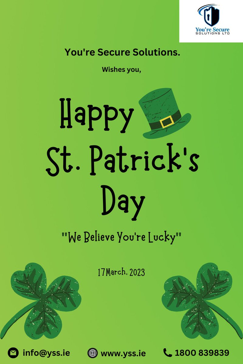 "Happy St. Patrick's Day from You're Secure Solutions! Today, we're celebrating with a touch of green and a whole lot of safety and security. Our team of highly trained security guards is on the job 24/7, ensuring that your property and assets are protected.
#StPatricksDay #YSS