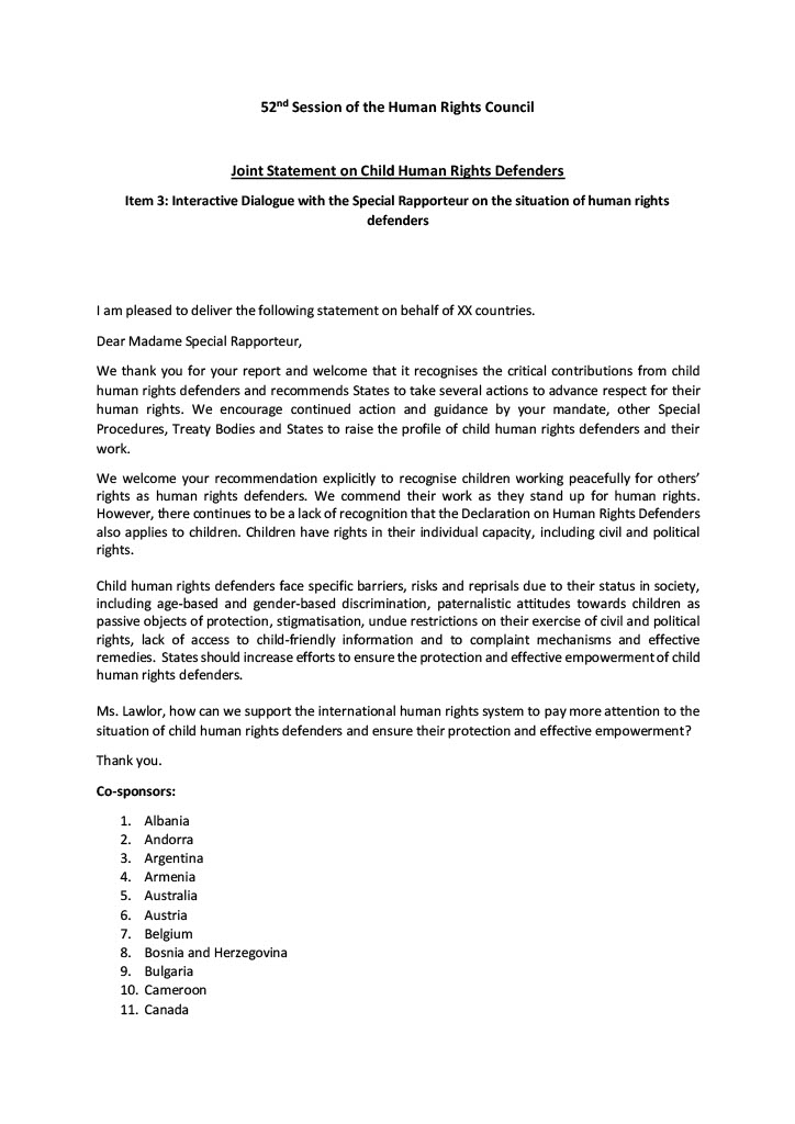 SC_UNGeneva's tweet photo. 📣We commend @LUinGeneva & the other 59 States for this joint statement on the importance of recognising #children as human rights defenders #CHRDs 👏👏
🚀This is a first significant step towards ensuring the protection & effective empowerment of child human rights defenders. https://t.co/1KwiI3wYSs