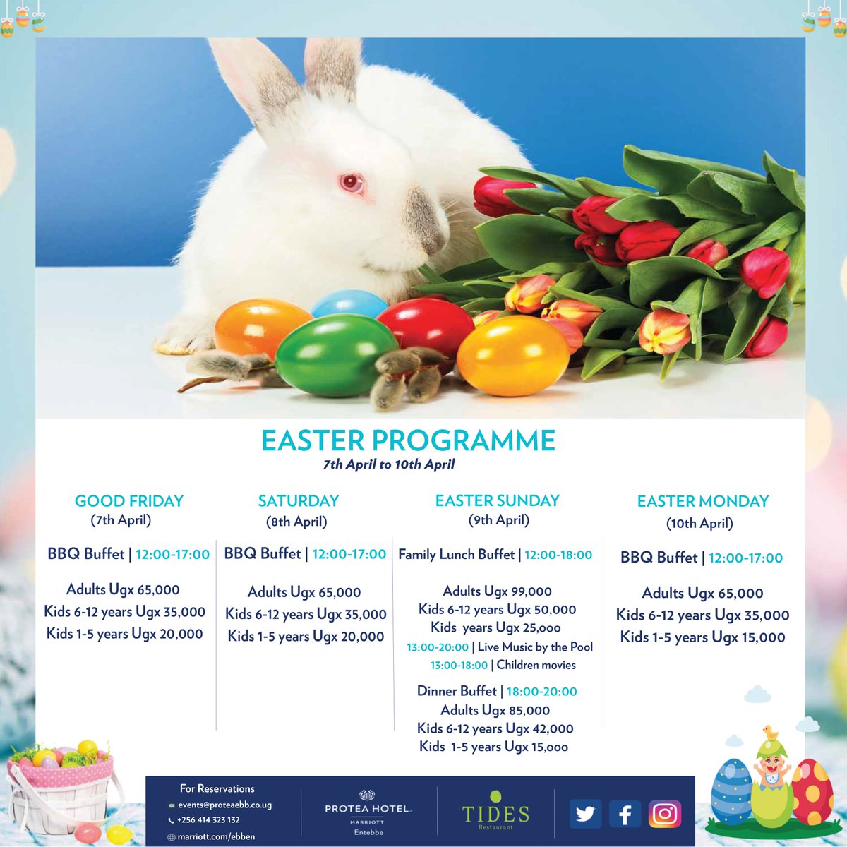 ProteaEntebbe's tweet photo. Hop into the Easter spirit with our exciting programme at our Luxury Hotel! From Easter egg hunts to themed activities and special dining experiences, we have something for everyone.
Book Now: events@proteaebb.co.ug | +256414323132
#ProteaEntebbe #TidesRestuarant #Easter23 https://t.co/jk5jIFqzrv