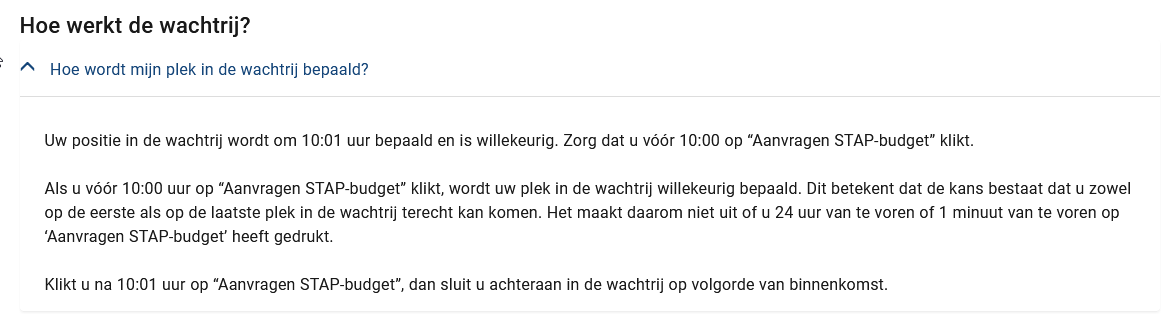 #stapbudget
Als je vóór 10.01 op 'Aanvragen hebt geklikt' wordt je positie WILLEKEURIG bepaald in de wachtrij. Daarna sluit je achter aan.