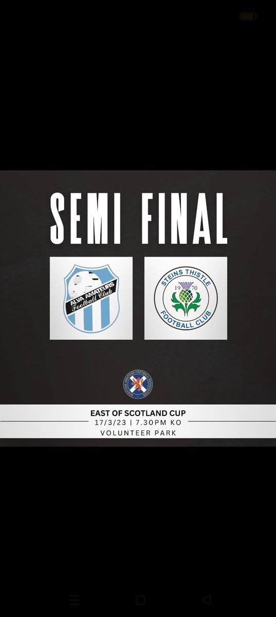Best of Luck to Alva in tonight's East semi final
<a href="/scotfootfixs/">Scottish Football Fixtures</a> 
<a href="/ScotAmFA/">Scottish Amateur FA</a> 
<a href="/AlvaAfc/">Alva AFC</a>