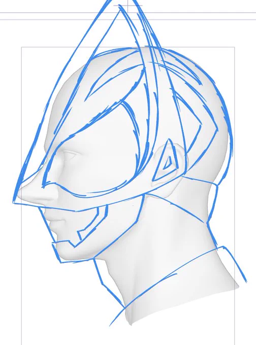 鼻を長くしてアタリにして2分くらいでざっくり描いた狐面のラフ 
