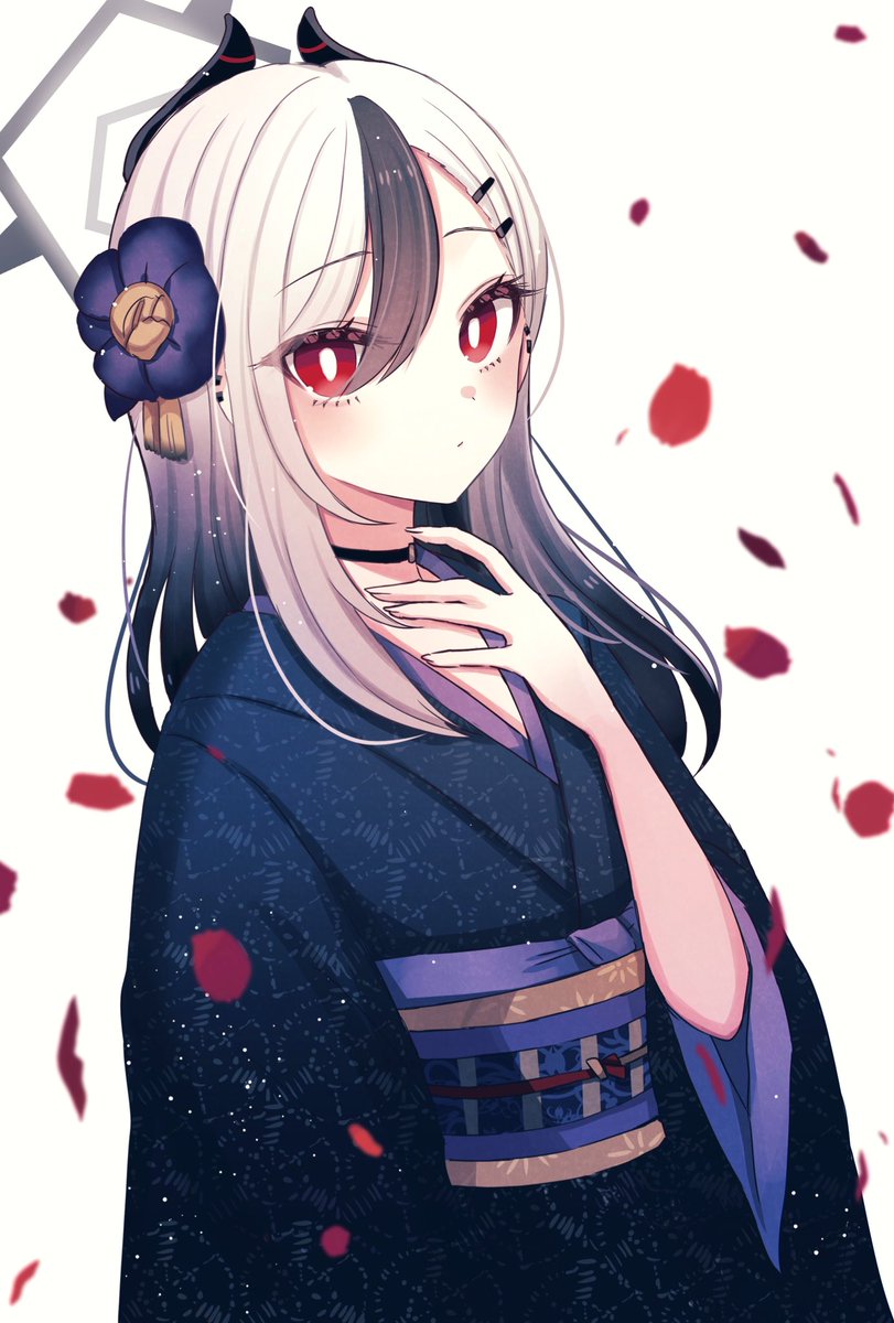 kayoko (blue archive) 1girl solo horns hair ornament red eyes kimono halo  illustration images