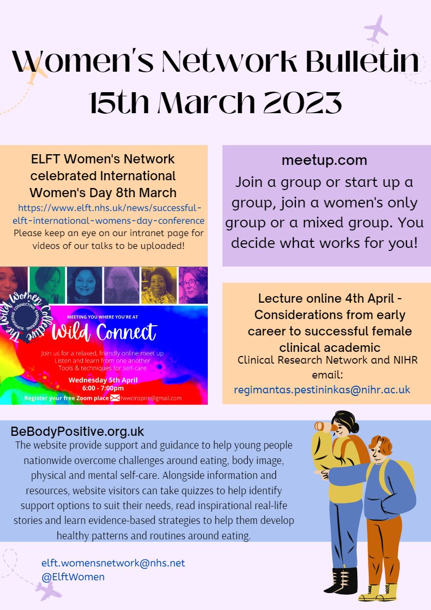 Hi all, wishing you a wonderful Friday. Before you go to enjoy your weekend check out our full Women's Network Bulletin here: tinyurl.com/fc2myxw3 It's got news updates, as well as lots of good links and resources for talks and wellbeing support. 
#ELFTWomen #Women #Wellbeing