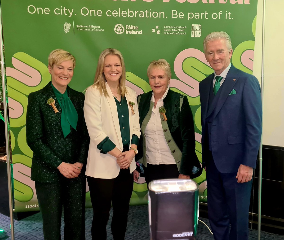 Grand Marshal of the St. Paticks Day Parade in Dublin is represented by @verapauw with Diane Cauldwell & Paula Gorham with International Guest of Honour #PatrickDuffy (Bobby Ewing in #Dallas) @DublinLive @stpatricksfest @Failte_Ireland