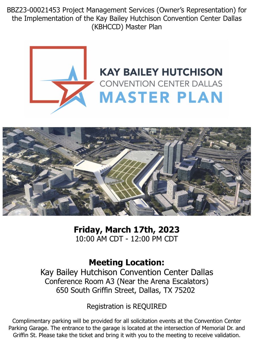 bit.ly/42gLHvk
Join us today for a Site Tour! 

BBZ23-00021453 Project Management Services (Owner’s Representation) for the Implementation of the Kay Bailey Hutchison Convention Center Dallas (KBHCCD) Master Plan!

More info: bit.ly/42lQNX0
@KBHCCDallas