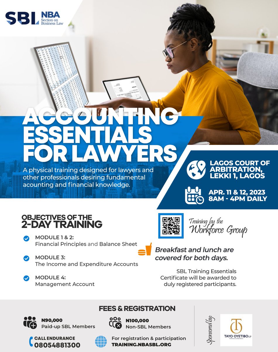 Our training committee invites you to 2-day physical training on:

🔖 Accounting Essentials for Lawyers
🗓️ Apr. 11 & 12, 2023
🚩 Lagos Court of Arbitration

Visit training.nbasbl.org for more information

#NBASBL2023 #NBASBL #Training #AccountingEssentials #Lawyers #Accounts