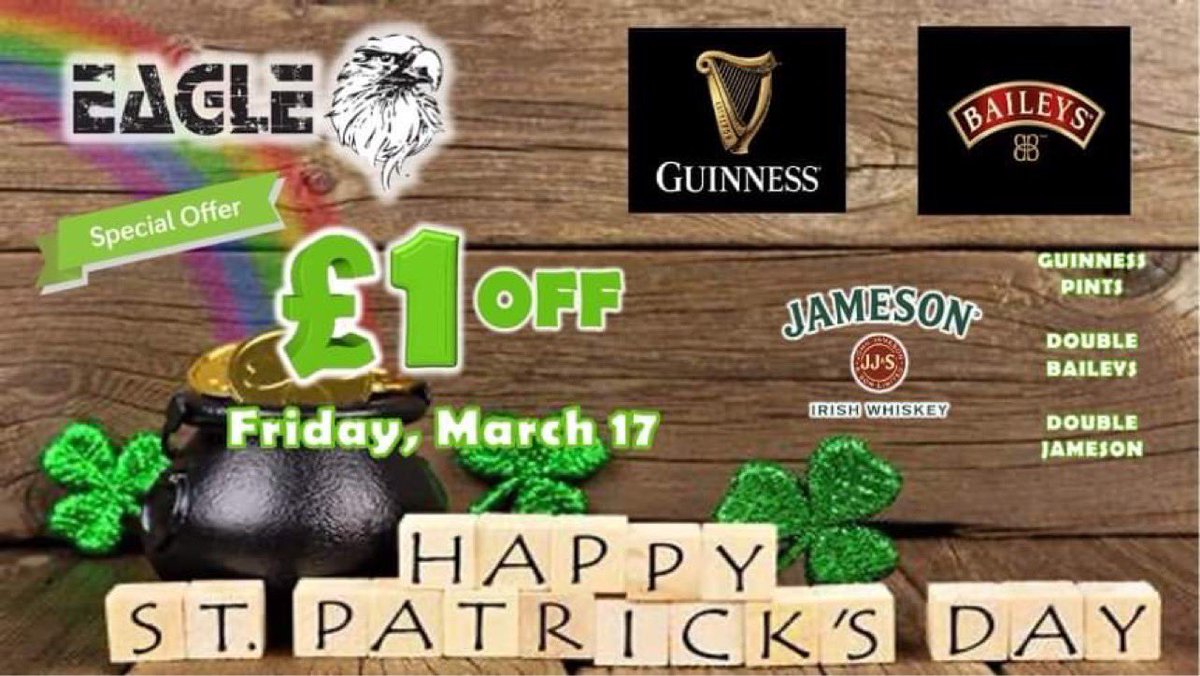£1 off pints of Guinness, double Jamesons or Double Baileys this St Patrick’s day. Right through until close ☘️