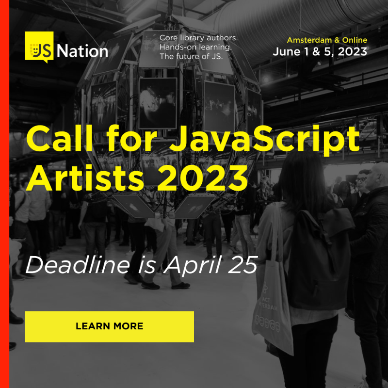 thejsnation's tweet photo. We're looking for creative coders, artists to submit #JavaScript art pieces🎨

•Exhibition: JS art pieces such as GIFs, videos
•Performances: live coding, music/visual acts, dancing shows using JS or referring to it
•Installations: any physical JS pieces

📆Deadline is Apr. 25
