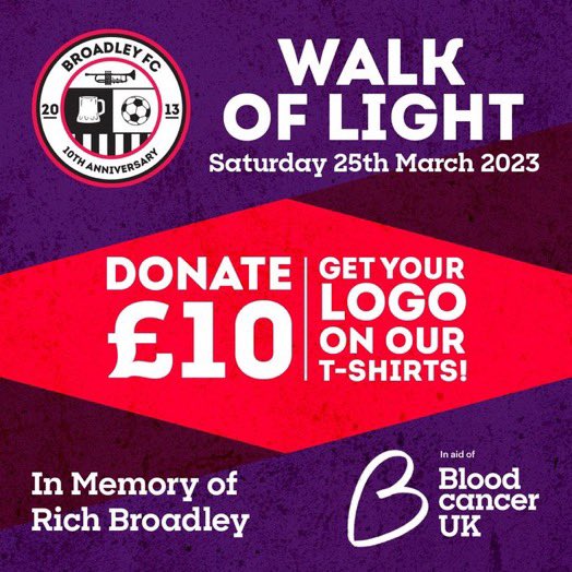 It’s the last day for businesses to sponsor our Walk of Light for <a href="/bloodcancer_uk/">Blood Cancer UK</a> before we get our t-shirts to the printers. 

Thank you to all those businesses that have donated so far! ❤️

JustGiving.com/broadleyfc