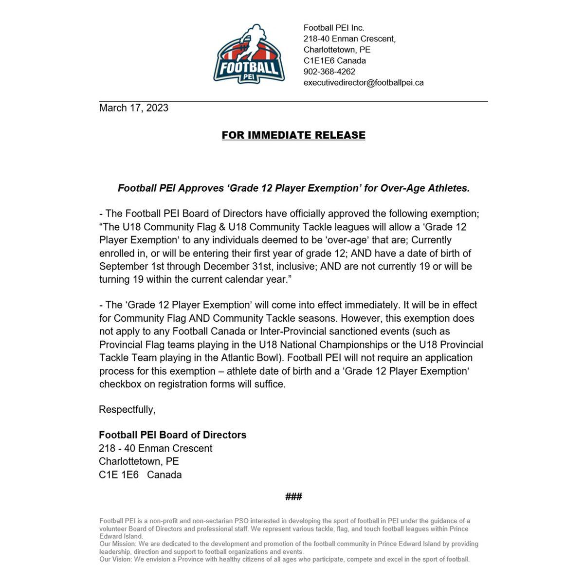 Football PEI Approves 'Grade 12 Player Exemption' for Over-Age Athletes