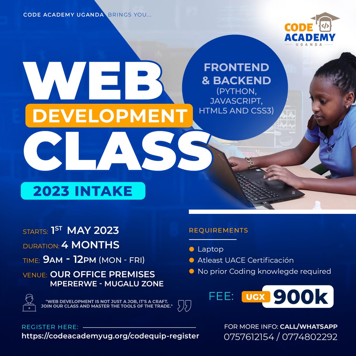 code_academy_ug's tweet photo. "Feeling intimidated by coding? Our #WebDevelopment class in the #Codequip program is designed to make coding accessible and fun! Starting May 1st, 2023, join us on this exciting learning journey."

Register today!

https://t.co/ZcXZRtGA0d

#codinglife
#programmermind https://t.co/4Y3QDBL78o