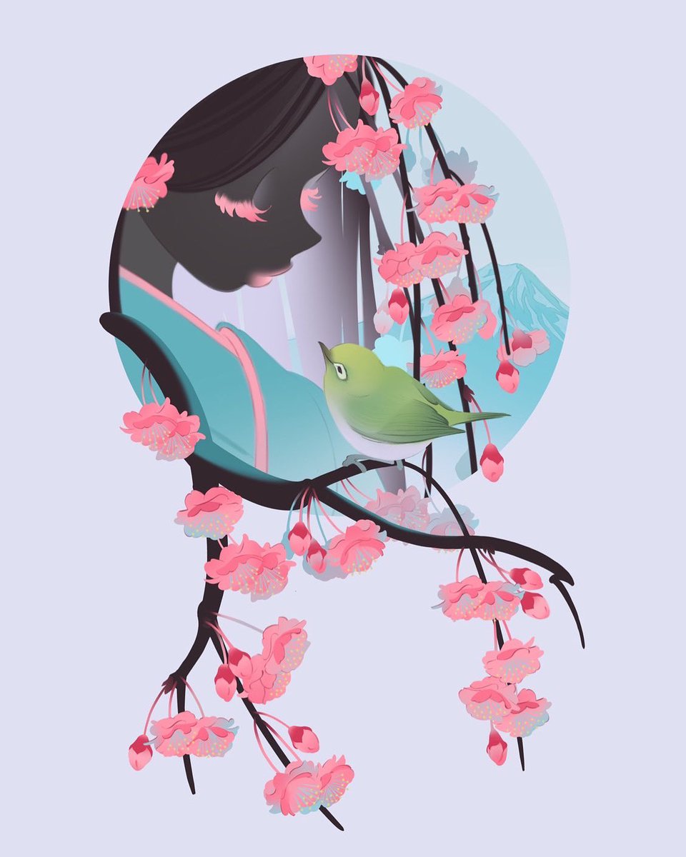 bird flower simple background 1girl pink flower animal profile  illustration images