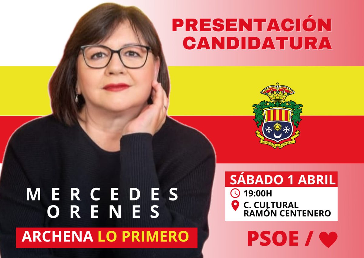 Mercedes_Orenes's tweet photo. ❤️ Con enorme ilusión y responsabilidad, os invito al Acto de Presentación de mi candidatura a la alcaldía de Archena. Encendemos la mecha de la 
#RegeneraciónPolítica en Archena.
¡ Asiste y participa en el cambio!  #ArchenaLoPrimero❤️🌹 #YoConMercedesOrenes👌🏻 https://t.co/bRN2mPeBcG