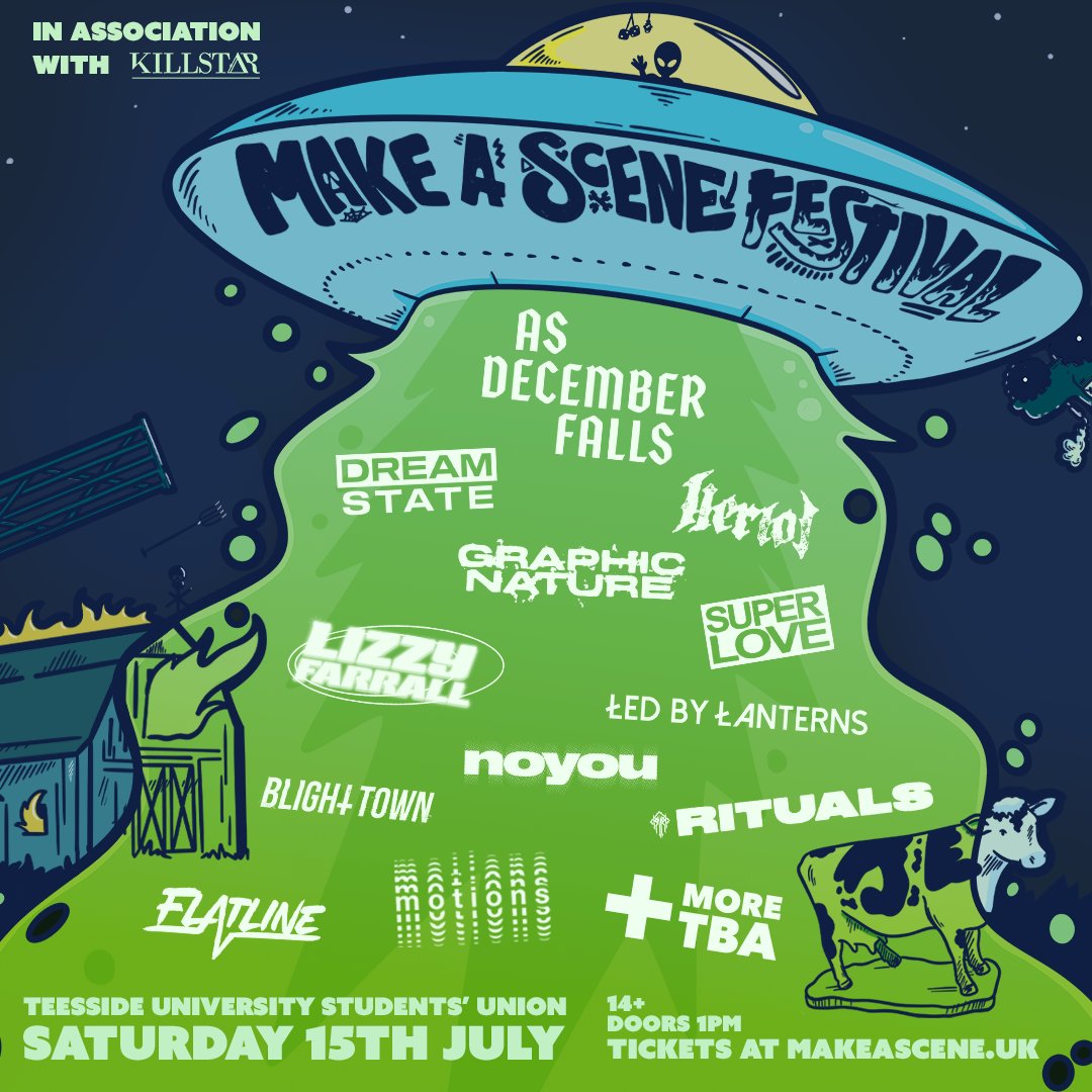 The first 12 bands of #MakeaSceneFest23 in association with <a href="/killstar/">KILLSTAR</a>

<a href="/AsDecemberFalls/">As December Falls</a>, <a href="/DreamStateUK/">DREAM STATE</a> , <a href="/heriotmetal/">HERIOT</a>, <a href="/GRAPHICNATURE__/">Graphic Nature</a>, <a href="/superlovemusic/">Superlove</a>, <a href="/LizzyFarrall/">LIZZY FARRALL</a>, <a href="/LedByLanterns/">Led By Lanterns</a>, <a href="/BlightTownUK/">Blight Town</a>, <a href="/noyoumsc/">noyou</a>, <a href="/Ritualsukmusic/">Rituals</a> <a href="/weareflatlineuk/">FLATLINE</a> &amp; @motionsmetalband