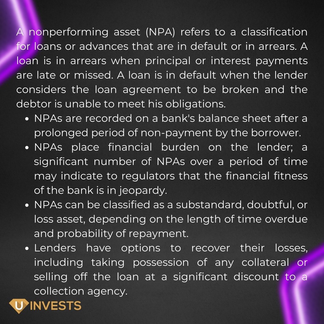 youinvests's tweet photo. What are Nonperforming Assets?

#uinvests #finance #investing #money
#financialfreedom #wealth #stocks #trading #business #personalfinance #entrepreneurship #budgeting #saving #retirement #credit #crypto https://t.co/xWAgFRjBt8