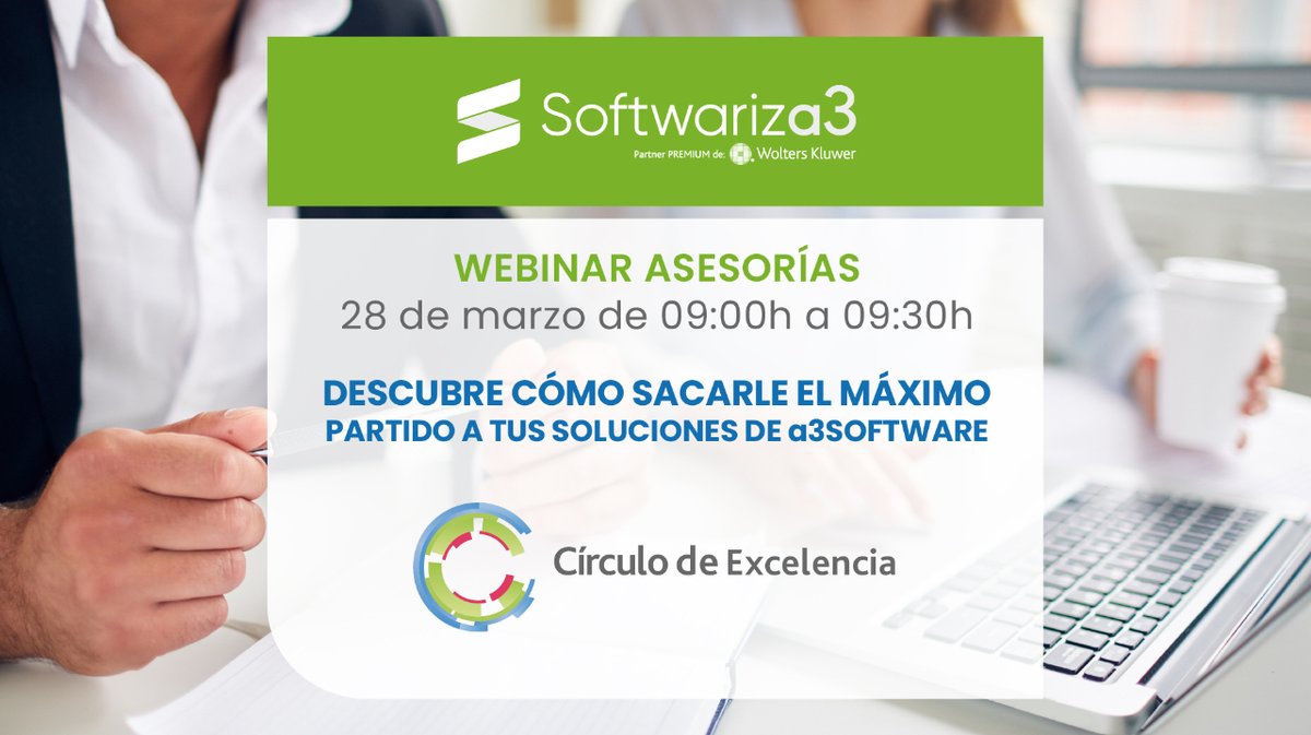 softwariza3's tweet photo. ¿Te gustaría mejorar la eficiencia de tu asesoría y sacarle el máximo partido a tus soluciones a3? 🤔

No te pierdas nuestro webinar 💻  y comienza a aprovechar todo el potencial ✨ de tus soluciones de software 

📆 28 de marzo

⌚ 09:00 Horas

👉 https://t.co/za7Q3VU6x7 https://t.co/Ct0EIIz6eo