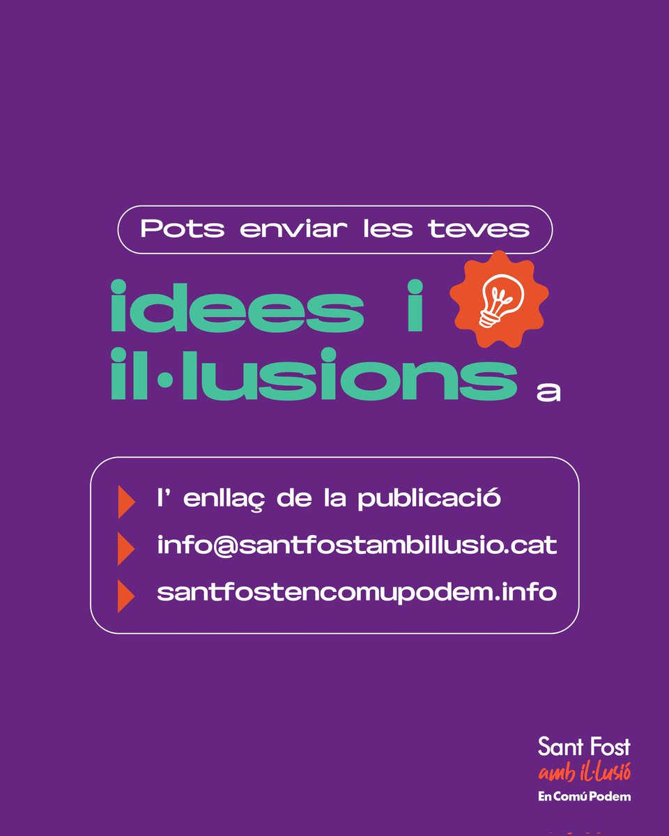 santfostecp's tweet photo. T’AGRADARIA APORTAR IDEES QUE MILLORIN SANT FOST?👇🏻 Ajuda’ns a omplir el poble d’Il·lusions!💜

Des de Sant Fost amb Il·lusió - En Comú Podem, volem donar-vos veu, als veïns i les veïnes de Sant Fost, [...]

🔗https://t.co/3t0YOW9A8v

Obrim fil 👇🏻 (1/4) https://t.co/QEozJksecO