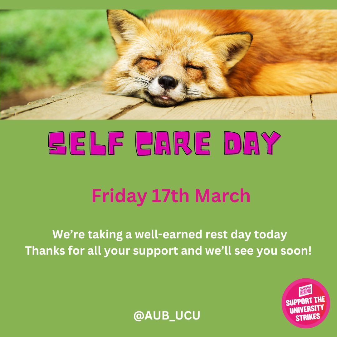 AUB_UCU's tweet photo. Looking after ourselves is paramount. Members are giving their all in our fight for a better HE so we’re taking a day for self care. Put your feet up, meet friends, read, go for a run, get out in nature, whatever brings you joy. You’ve earned it. @ucu @UCUSOUTHWEST https://t.co/9LOrpqcOvL