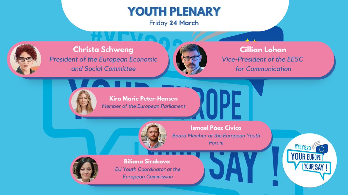 ⏳ Countdown: #YEYS2023 loading… One week to go! 🗣 Meet the speakers who will open the Youth Plenary Session of this edition: 📺Follow the event live stream on 24th March eesc.europa.eu/yeys2023-webst… Full programme 👉 europa.eu/!wbw8gb