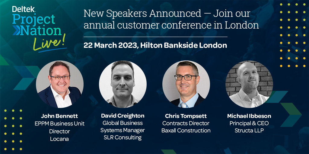 Deltek_Intl's tweet photo. We're proud to announce new speakers at #DeltekProjectNationLive speaking at the event will be John Bennett, @locana_co David Creighton, SLR Consulting and Chris Tompsett, @BaxallC Construction. Get the full agenda and sign up today as spaces are limited! https://t.co/Gg8NwMEGZh https://t.co/YQPSfypA7P