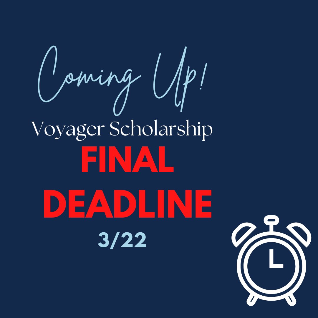 TopScholars1's tweet photo. DON'T FORGET! The final deadline for the Voyager Scholarship is coming up on Wednesday, 3/22! Need help with your application? Schedule an appointment today! https://t.co/ROsCRqXfPy