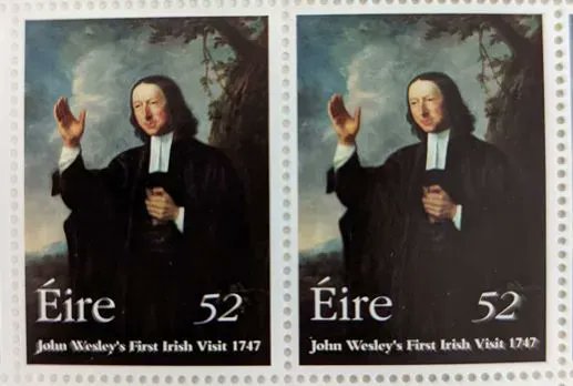 museummethodism's tweet photo. Happy St Patrick’s Day! This set of Irish stamps was designed in 1997 to commemorate the 250th anniversary of John Wesley’s first visit to Ireland on 9th August 1747. 
#MethodistHeritage #StPatricksDay2023 https://t.co/g6mOUj6yox