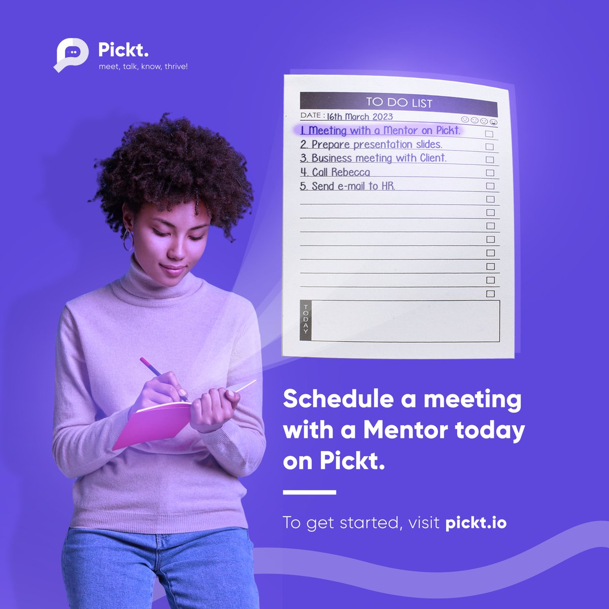 PicktHQ's tweet photo. Meet a mentor. Talk about anything and everything. Gain the knowledge and resources you need to thrive. #pickt
#meettalkknowthrive https://t.co/YFF29Ab6I8