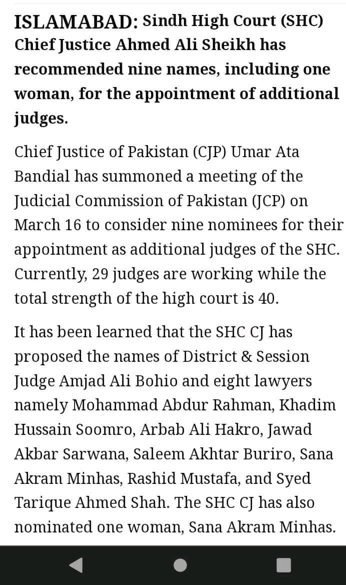 The Lex - News & Issues 

Ms. Sana Minhas a female Lawyer is among 9 nominee listed for Additional judges of SHC by Chief Justice.

Reported by 
Sidra Tabassum 
Public relation Director

#law #lawnews #lawissues #lawyer #lawyers #lawfactors #highcourtjudges #news #Judges