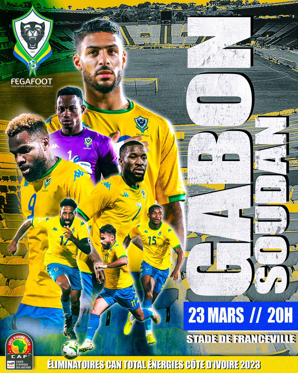 fegafoot_gabon's tweet photo. 🇬🇦GABON v SOUDAN 🇸🇩   

📆J-6

#GABON #SOUDAN #FEGAFOOT #QUALIFIERSAFCON2023 https://t.co/qvzsDbrR4d