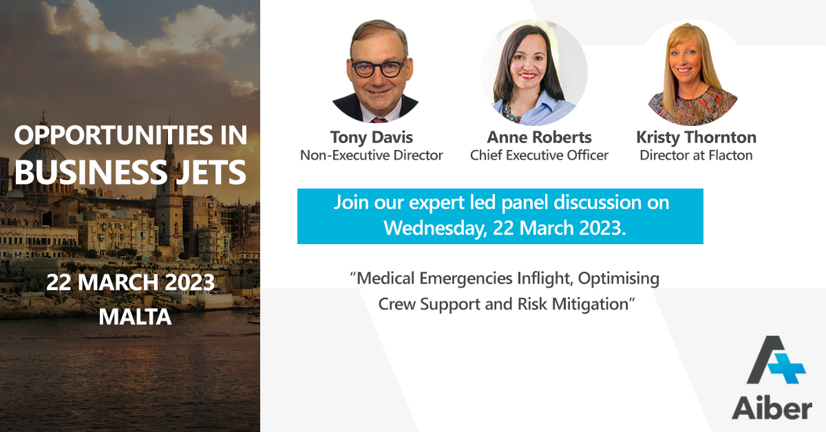 Aiber is exhibiting at the Annual conference of 'Opportunities in Business Jets' in Malta on 22 March 2023! We will be there to discuss the support your crew’s needs to manage an infight medical emergency.

Email us at getintouch@aiber.co.uk

#conference2023 #malta #businessjet
