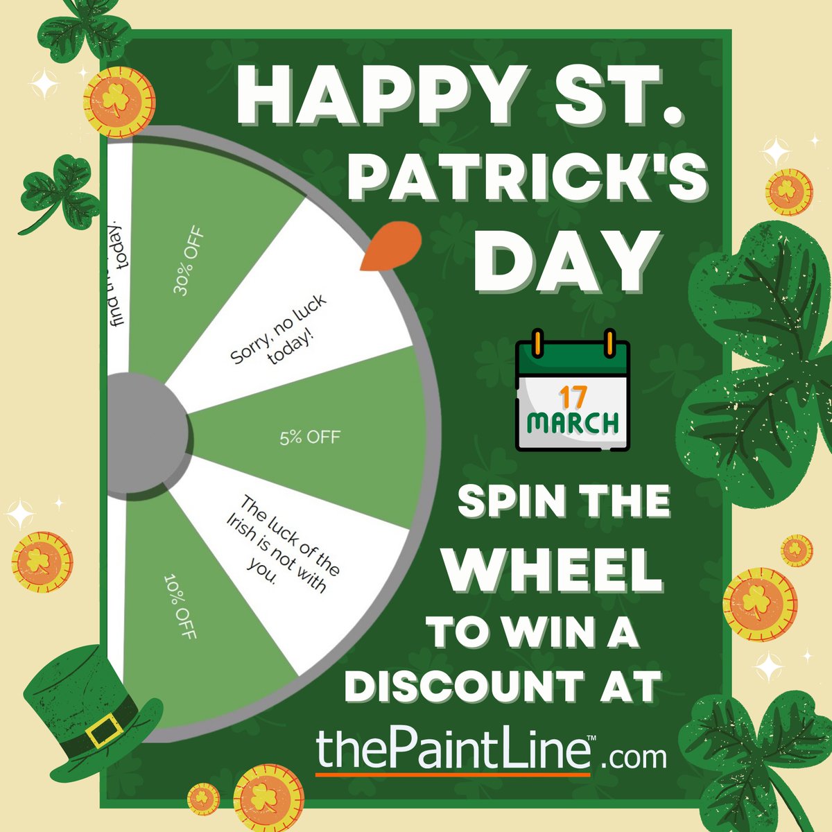 paintlineco's tweet photo. Happy St. Patrick's Day! 🍀 Our annual Spin-The-Wheel discount is back! Visit https://t.co/kqaWJMpwnC for your chance to win a discount on your order 🌈💰 Hurry, this prize is available for today only!

(Discount codes will be valid for US-based customers only on 3/17/2023) https://t.co/B2aen2lwUv