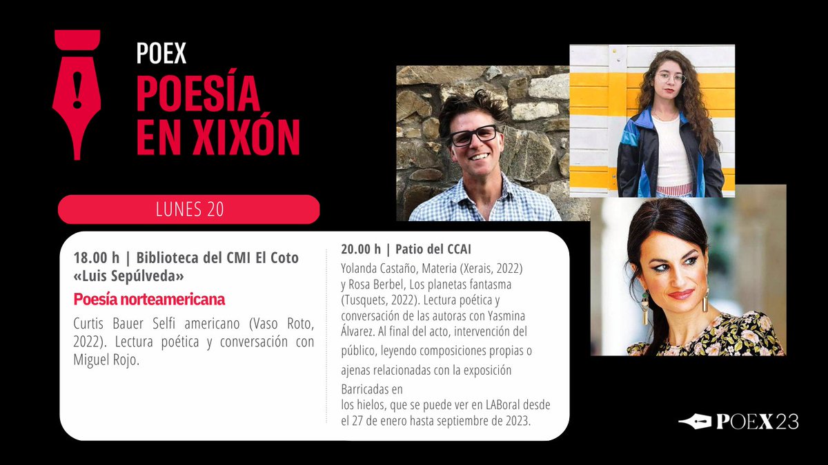 Mañana lunes en #POEX23
👉+ info: bit.ly/3lj2tJH
#poesía #Gijón #Xixón #bibliotecasdegijon
 @Biblioasturias @gijon @POEX_xixon @RMBGijonXixon