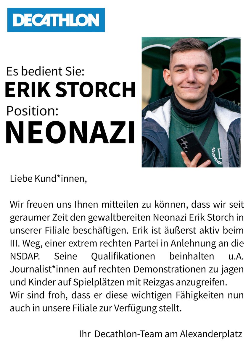 AVL_Bln's tweet photo. [B] III.Weg-Aktivist Erik Storch in #Pankow geoutet

"Sein Wohnumfeld in Berlin-Pankow und sein Arbeitgeber @DecathlonDE  am #Alexanderplatz sollen wissen, mit wem sie es zu tun haben. Nazis die Räume nehmen!"

gefunden auf: https://t.co/gJkyMXWYMy

#nonazis #nonazisB #antifa https://t.co/cfuXrF0A0s