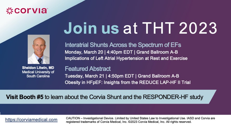 corviamedical's tweet photo. Looking forward to seeing you at #THT2023 next week! Mark your calendars for March 20th and 21st to hear @LitwinSheldon share additional findings on the #Corvia #atrialshunt from REDUCE LAP-HF II.
#hfpef #cardiotwitter #heartfailure #interatrialshunt #cardiology @crfheart https://t.co/oeYM2cbU41