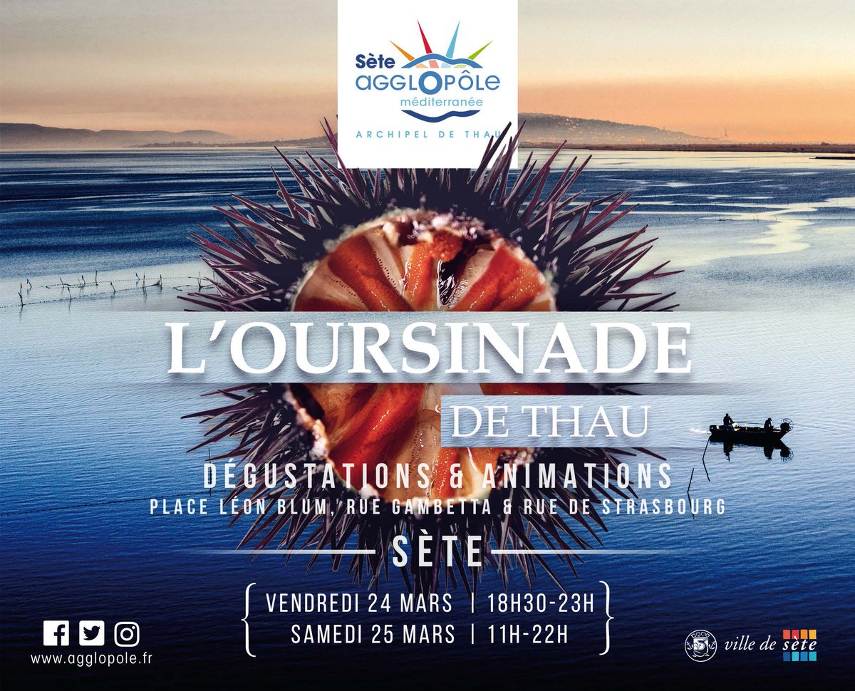 Sete_agglo_med's tweet photo. #Oursinade de Thau, J-7 ! RDV Ă #SĂšte les vendredi 24 et samedi 25 mars prochain đhttps://t.co/5sOKKLvKNo En attendant, dĂ©couvrez la programmation musicale. https://t.co/z9dfA4b04K