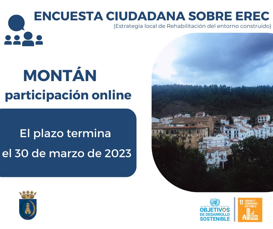 🗣🏘 Plan de Participación Ciudadana  previo a la elaboración de la Estrategia de Rehabilitación del entorno construido en #Montán. Solicitamos nos envíes tu opinión contestando esta breve encuesta: forms.gle/PcbyjAaqxEZ9YZ…
👏¡GRACIAS POR TU COLABORACIÓN!
🗓¡Hasta el 30 de marzo!