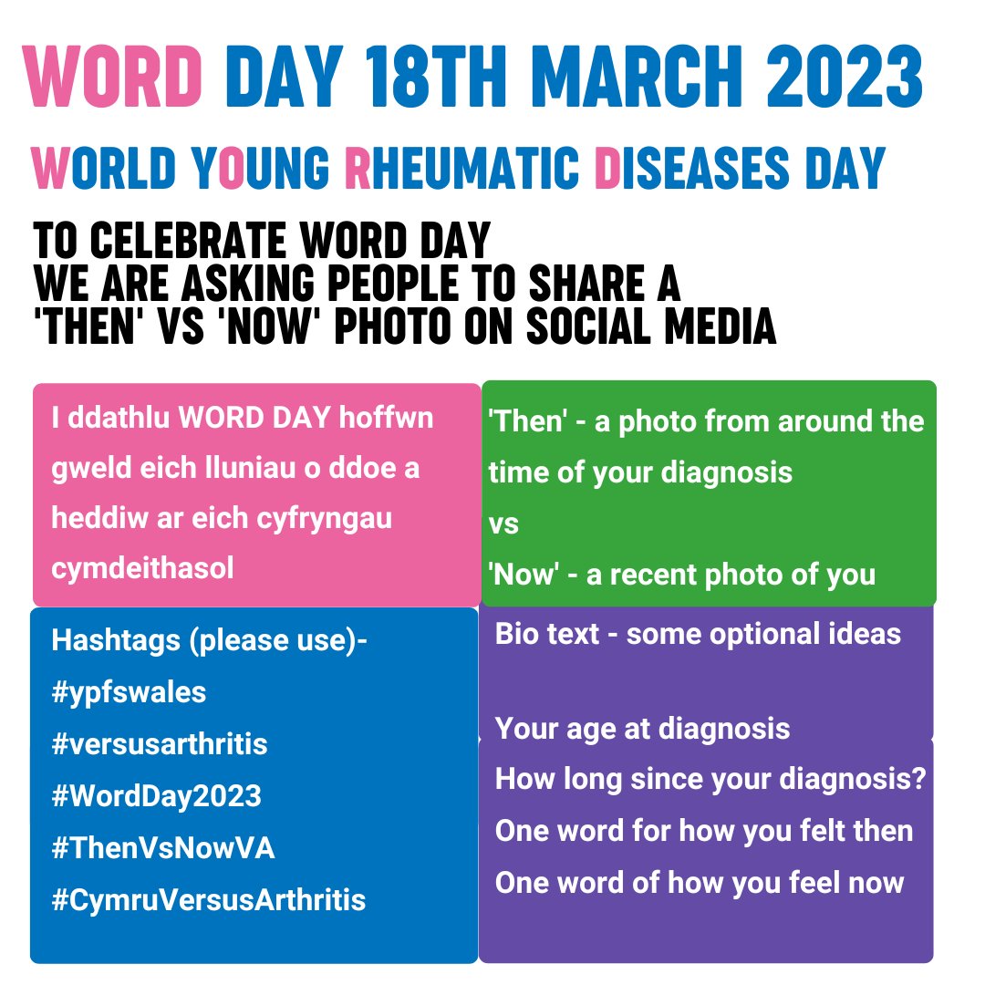 YoungArthritisW's tweet photo. Did you know that tomorrow is WORD Day? 
World Young Rheumatic Diseases Day
To raise awareness that rheumatic diseases affect every age, we're asking people to share a Then Vs Now Picture. Email YPFSWales@Versusathritis.org, or tag us in your own post!
 #ThenVsNowVA #WordDay2023 https://t.co/cfPjIb30tu