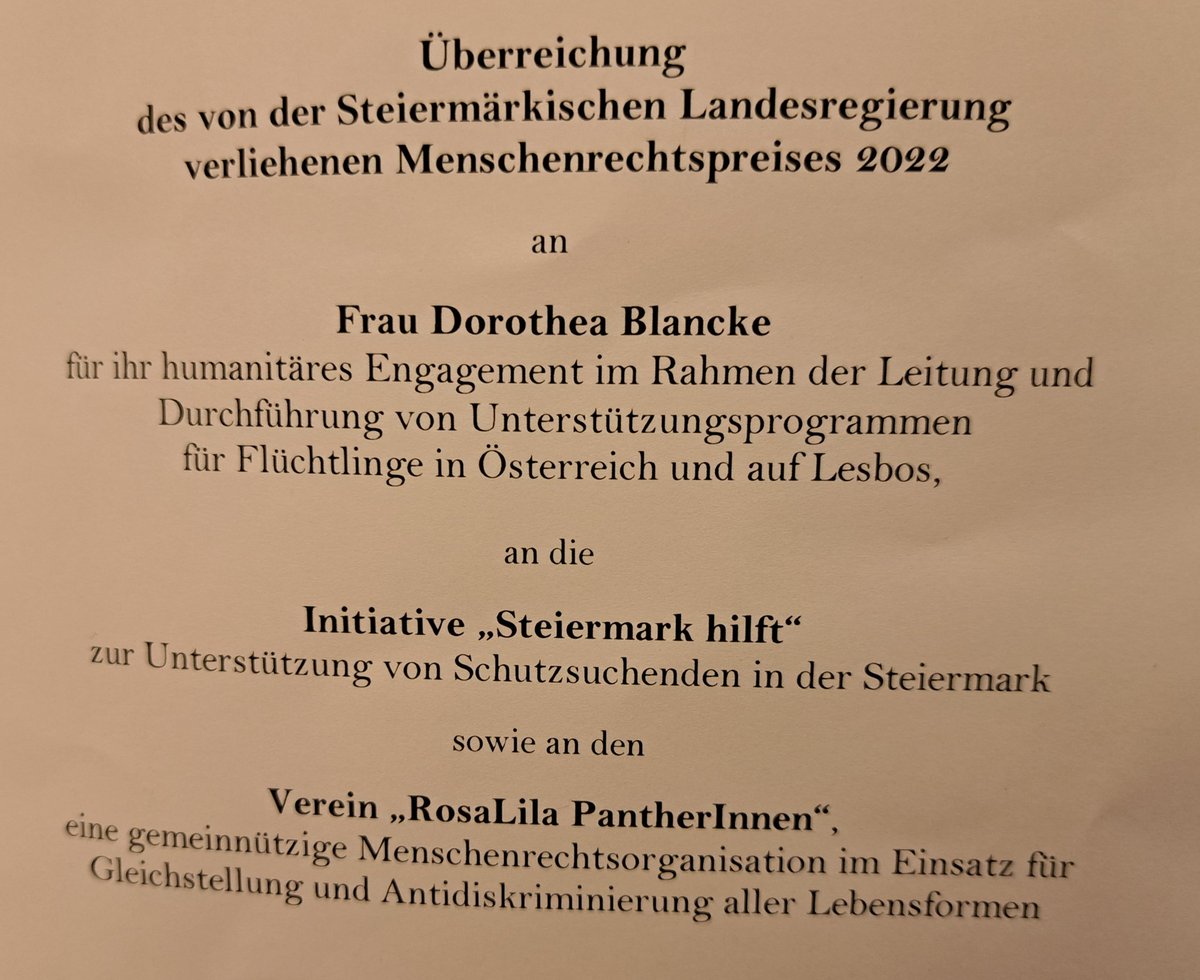 Menschenrechtspreis der Steirischen Landesregierung für <a href="/DoroBlancke/">Doro blancke</a>, <a href="/homo_at/">RosaLilaPantherInnen</a> und Initiative "Steiermark hilft"

Verleihung jetzt in der Grazer Burg.
