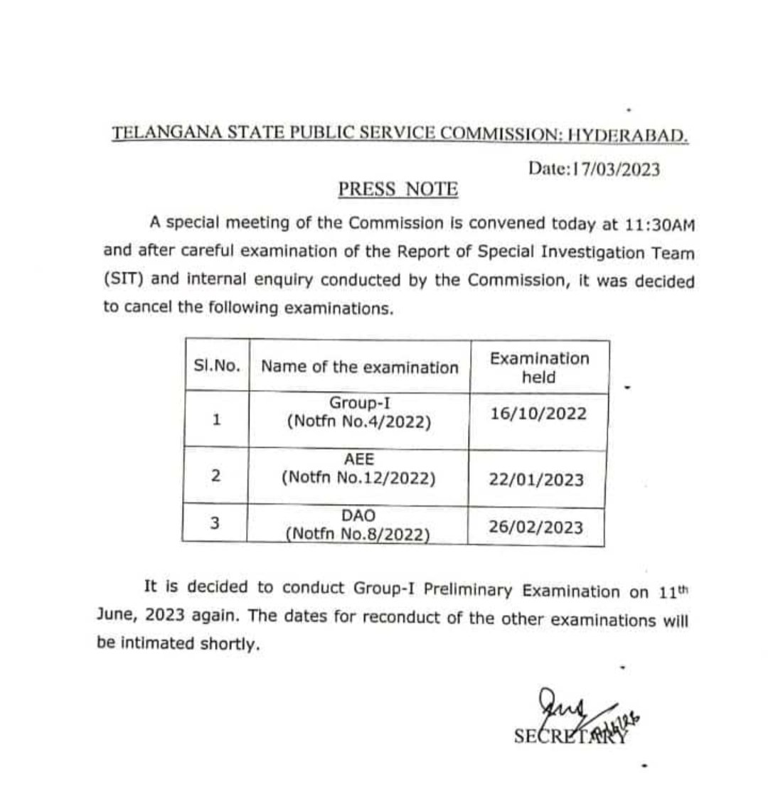 #TSPSC on Friday cancelled three recruitment examinations including #Group-I preliminary test that was conducted on October 16, 2022. The Commission has decided to conduct the Group-I preliminary test again on June 11. Other two recruitment examinations were also cancelled.