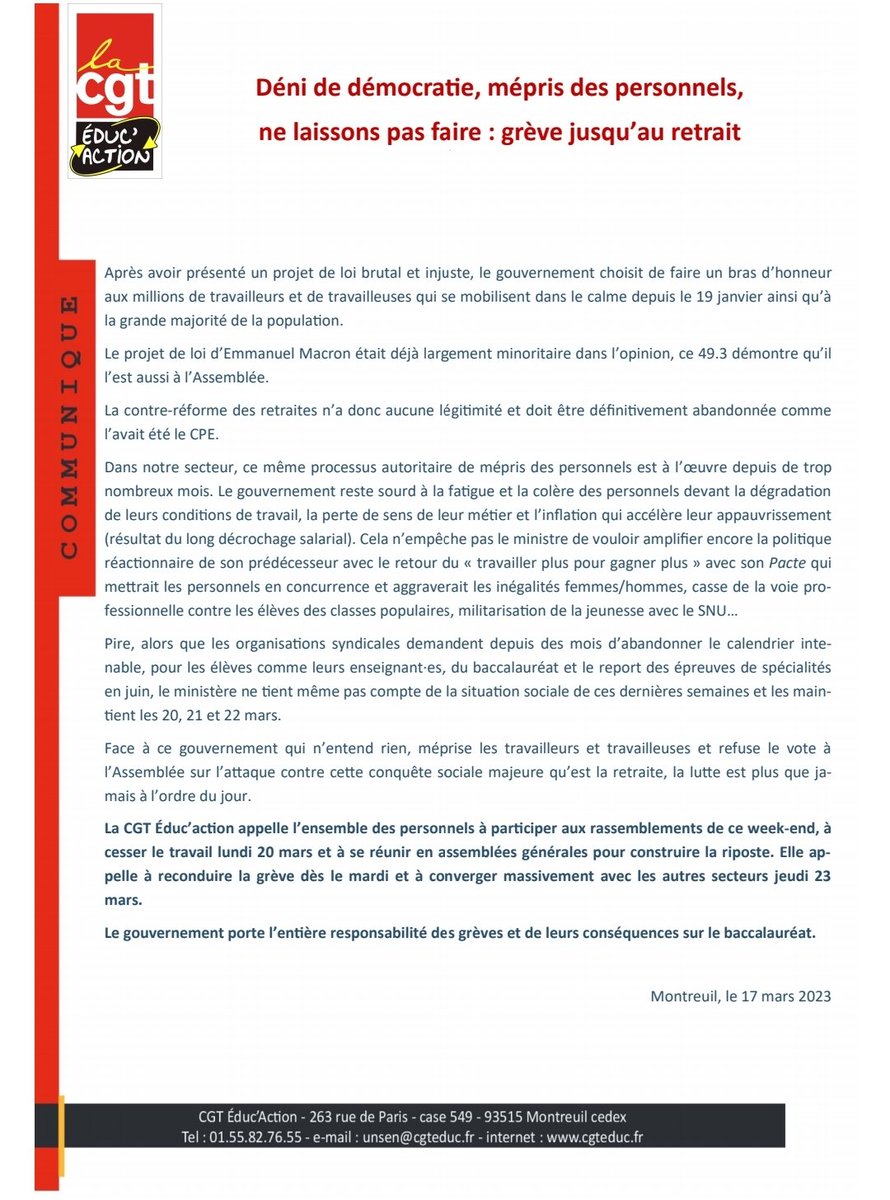 cgt_educ's tweet image. Déni de démocratie, mépris des personnels : la CGT Éduc'action appelle aux rassemblements ce we, à cesser le travail lundi, à se réunir en AG pour construire la riposte et être en grève reconductible. #GreveGenerale #Greve20et21mars #greve23mars #CGT #grevedeseboueurs