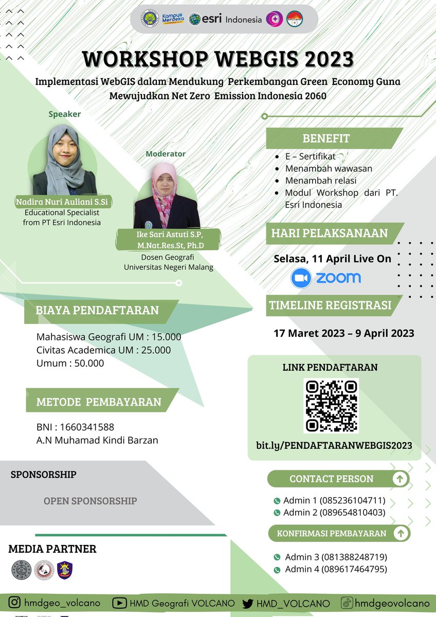 📢 HMD Geografi "Volcano" Universitas Negeri Malang Proudly Present 📢 

🌐 Workshop WebGIS UM 2023 dengan tema "Implementasi WebGIS dalam Mendukung Perkembangan Green Economy Guna Mewujudkan Net Zero Emission Indonesia 2060"🌍

📘 Link Pendaftaran:
bit.ly/PENDAFTARANWEB…